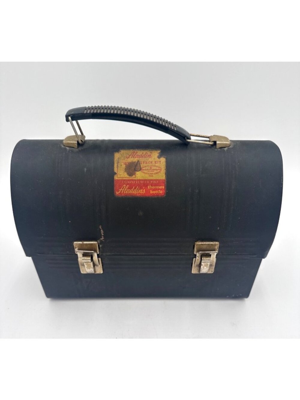 Vintage Aladdin Black Metal Dome Lunchbox Handle & Clasps Retro Distressed USA